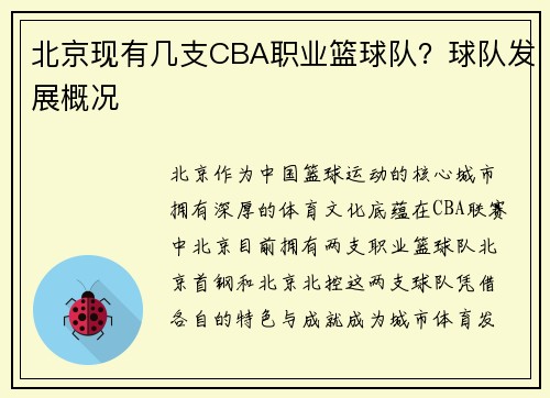 北京现有几支CBA职业篮球队？球队发展概况