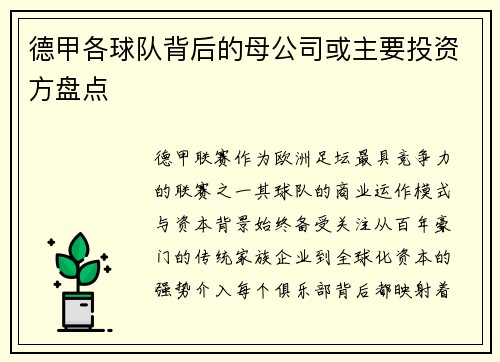 德甲各球队背后的母公司或主要投资方盘点